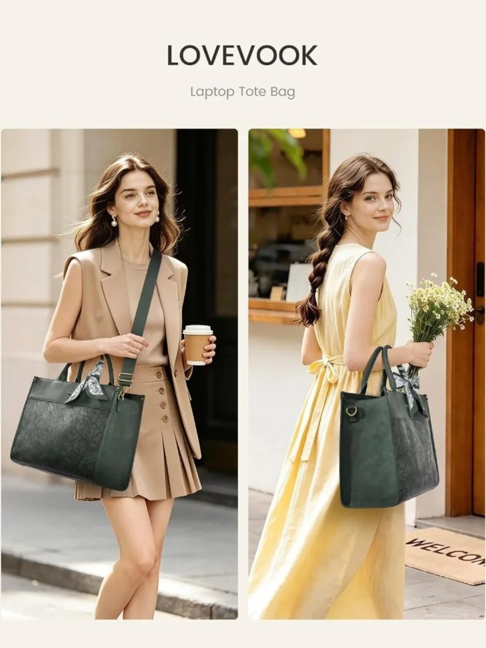 Vintage Laptop Tote Bag for Women | Waterproof Work Bag with Cup Holder & Scarf